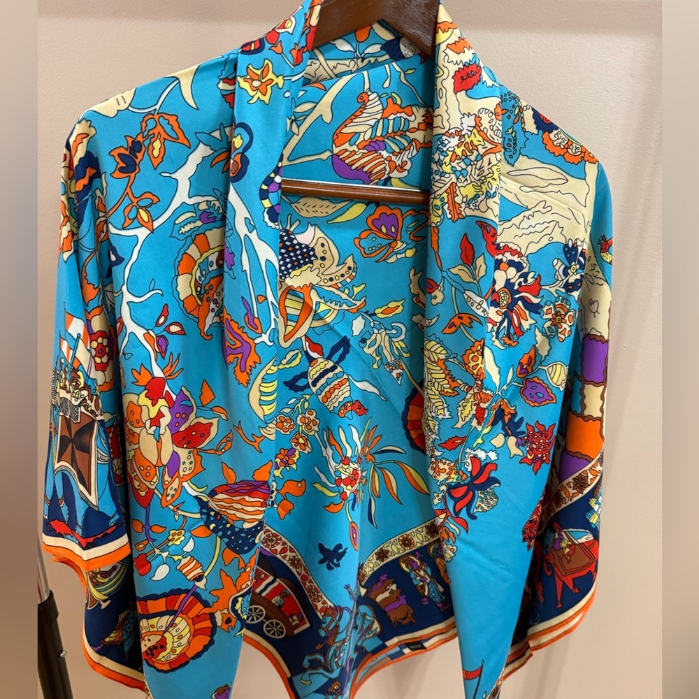 Vibrant Silk Scarf with Tree and Floral Design